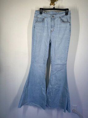 High-Rise Light Wash Flared Bell-Bottom Jeans With Lace-Up Back And Raw Hem